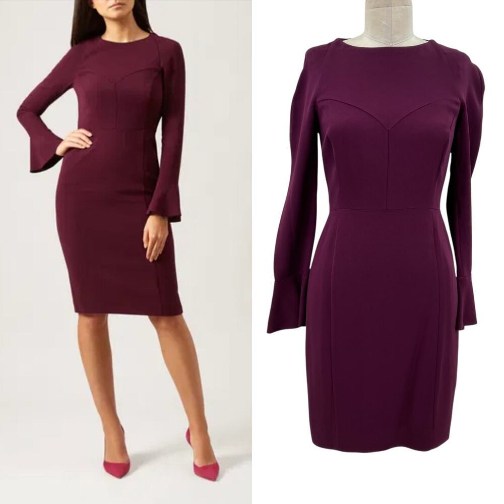 Hobbs London Ruth Dress Purple Burgundy Long Bell‎ Sleeve Sheath Size US 4
